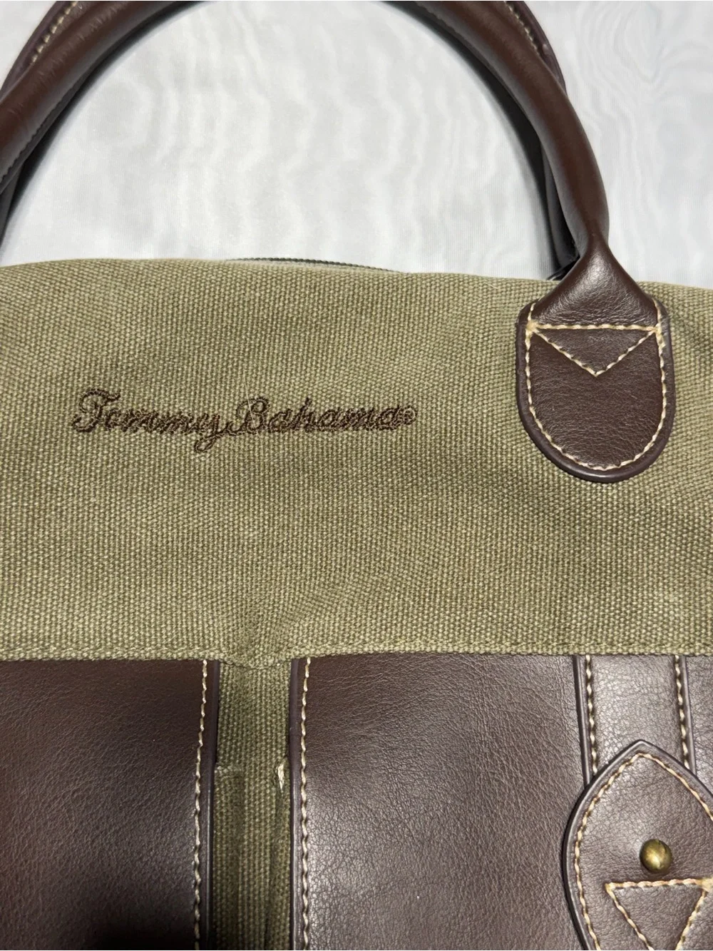 Tommy Bahama Olive Canvas Messenger with Brown Leather Trim